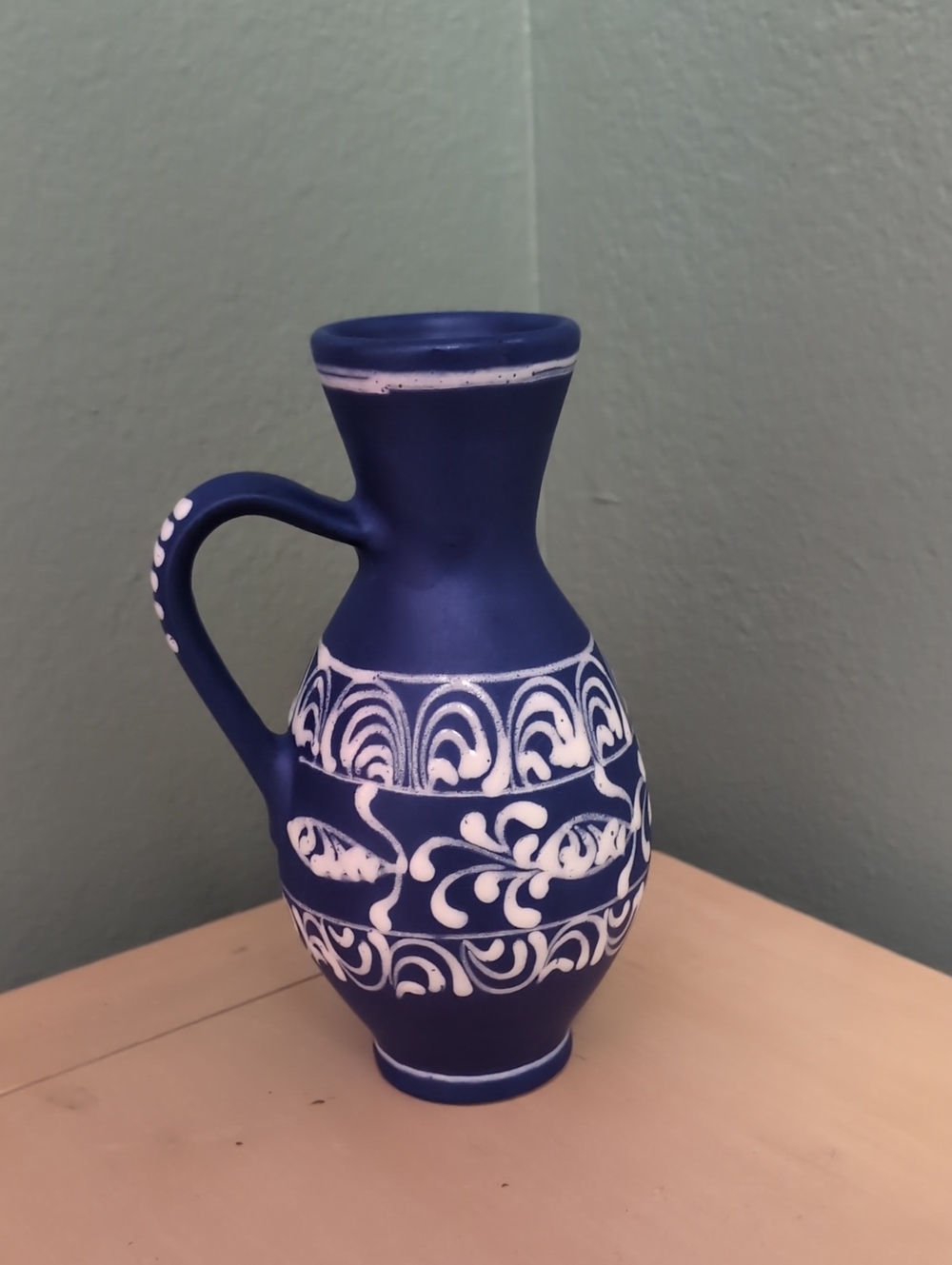 Blue Decorative Ceramic Pitcher Vase with White Accent